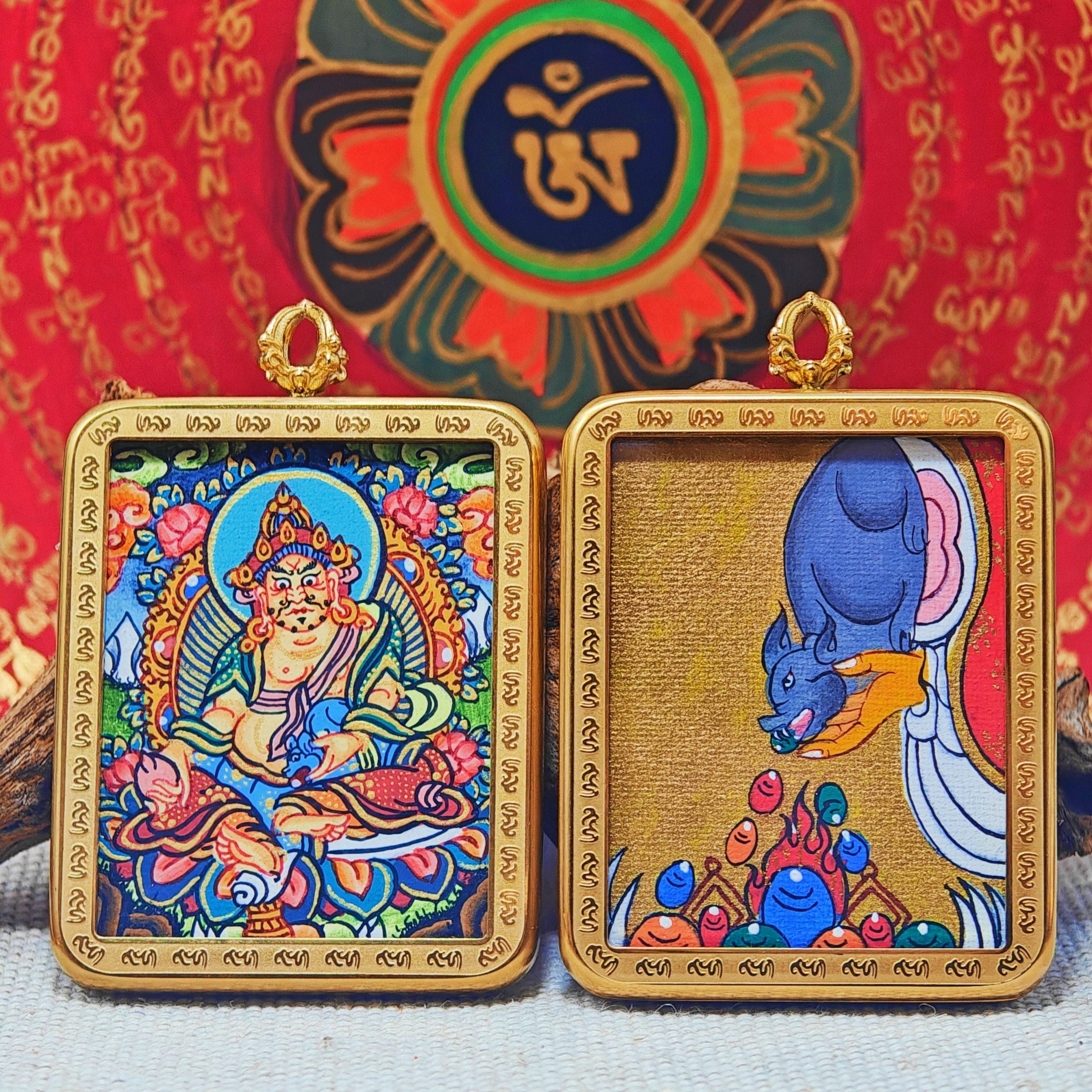 Thangka of Yellow Jambhala: Himalayan Gold Guardian with Treasure-Spilling Mongoose